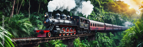 An old steam locomotive rushes through the dense jungle. a long train line-up. the train is traveling over the bridge. Railway Worker's Day