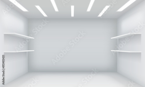 Empty shop premise with shelves on walls realistic 3d illustration. Boutique enclosure design. Modern show room interior vector background