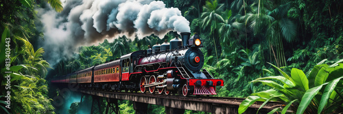 An old steam locomotive rushes through the dense jungle. a long train line-up. the train is traveling over the bridge. Railway Worker's Day