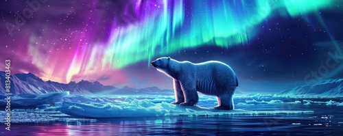 A polar bear standing on a shrinking ice floe beneath the vibrant Northern Lights, as global warming melts the Arctic ice photo