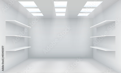 Empty store illuminated by led lamps realistic 3d illustration. Showroom enclosure design. Commercial building interior vector background