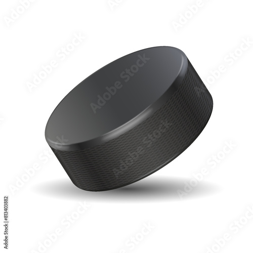 Black hockey puck realistic vector illustration. Winter team sport equipment design. Ice rink game 3d object on white background