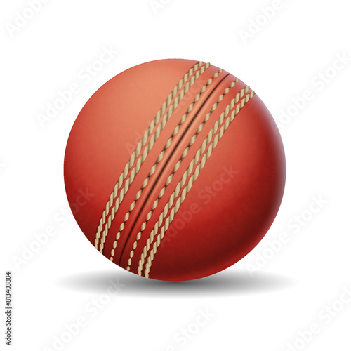 Cricket ball of red leather realistic vector illustration. Sports inventory for team game. Active leisure accessory 3d object on white background