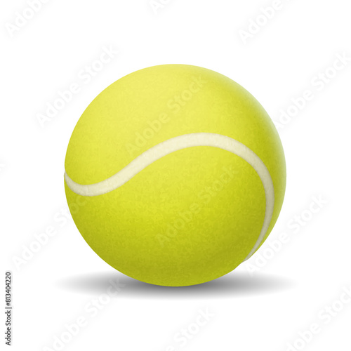 Tennis ball realistic vector illustration. Yellow sphere with curved stripe for sports game. Training equipment 3d object on white background