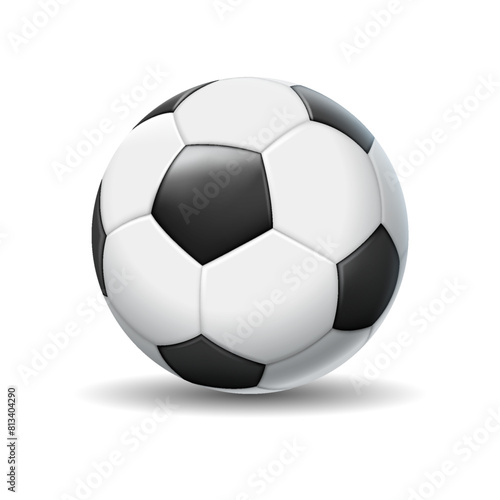 Football ball realistic vector illustration. Soccer game monochrome leather inventory. Team competition inventory 3d object on white background