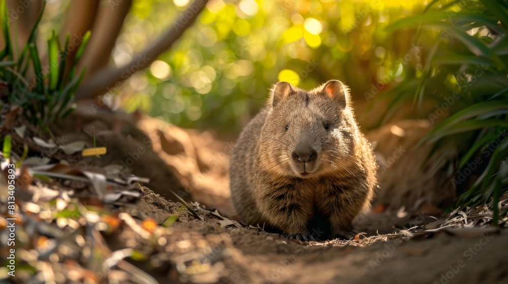 A small animal is walking through a forest. The animal is brown and has a big nose. The forest is full of trees and bushes A small animal is walking through a forest. The animal is brown and has a big nose. The forest is full of trees and bushes