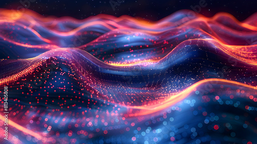 Abstract digital data background. Wave with moving dots. Musical stream of sounds. 3D rendering