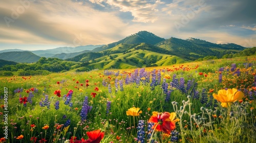 A vibrant field filled with colorful flowers stretches out towards a majestic mountain range in the distance. The flowers bloom in abundance  creating a picturesque scene against the backdrop of tower