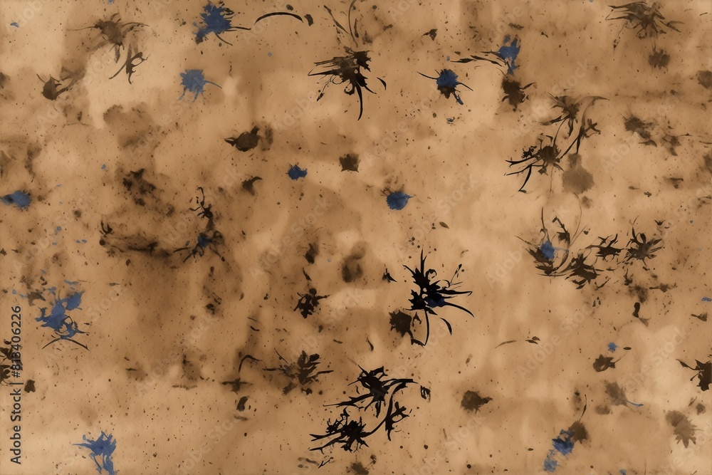 Black and blue ink splatters on a textured, parchment-like background