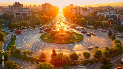 Bird's Eye View of a Busy Urban Roundabout with High Traffic Volume. Concept Urban Transportation, Traffic Management, Aerial View, City Infrastructure, Roundabout Design photo