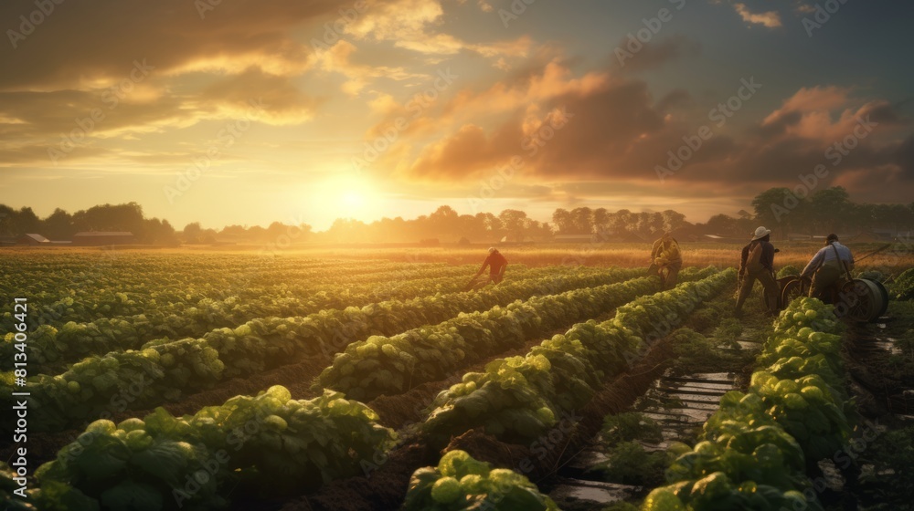 Fototapeta premium Generative AI Sunset scene over a picturesque countryside farm, where workers carefully collect potatoes from the rich, earthy fields.