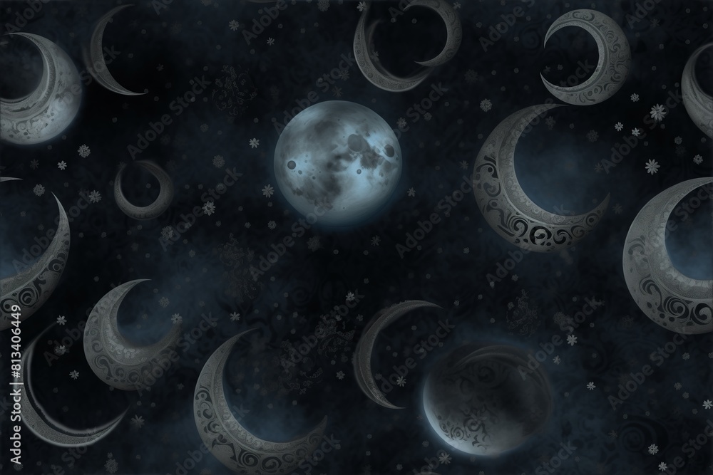 Naklejka premium Crescent moons and a glowing full moon surrounded by intricate designs on a mysterious, misty night sky background seamless pattern