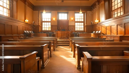 Courtroom symbolizes justice in the criminal legal system. Concept Criminal Justice, Legal System, Courtroom, Justice, Symbolism photo