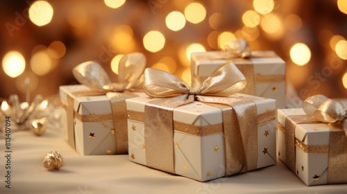 Generative AI Ultra-realistic portrayal capturing the allure of white and gold Christmas presents arranged atop an empty table, complemented by enchanting blurred bokeh lights. Elegant and festive atm © vadosloginov