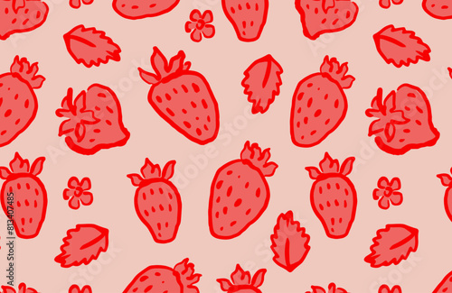 Hand drawn strawberries seamless pattern. Berries on beige background. Naive art style backdrop. Fruit pattern design for textile, wallpaper, and print.