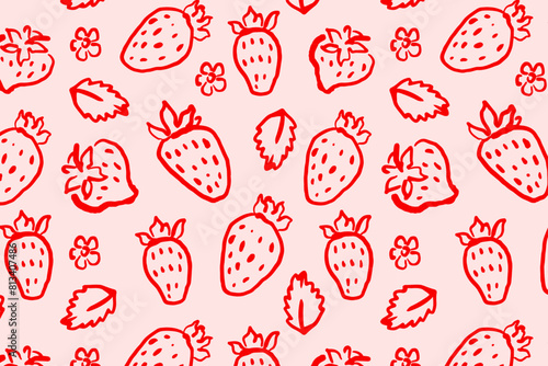 Hand drawn strawberries seamless pattern. Berries on pink background. Naive art style backdrop. Fruit pattern design for textile, wallpaper, and print.