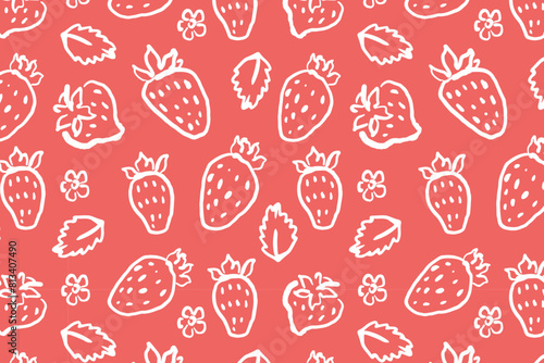 Hand drawn strawberries seamless pattern. Berries on red background. Naive art style backdrop. Fruit pattern design for textile, wallpaper, and print.