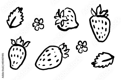 Hand drawn strawberries, flowers and leaves elements. Berries isolated on white background. Naive art style illustration. 