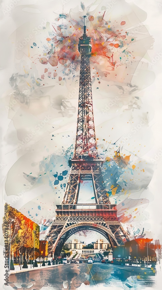 This painting depicts the iconic Eiffel Tower in Paris, rendered in delicate watercolor. The tower stands tall against a sky-blue background, capturing its architectural details with precision.