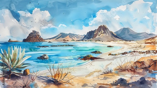 A painting featuring a beach with towering mountains in the background. The serene scene captures the tranquil beauty of nature, with the waves crashing on the shore and the mountains standing majesti photo