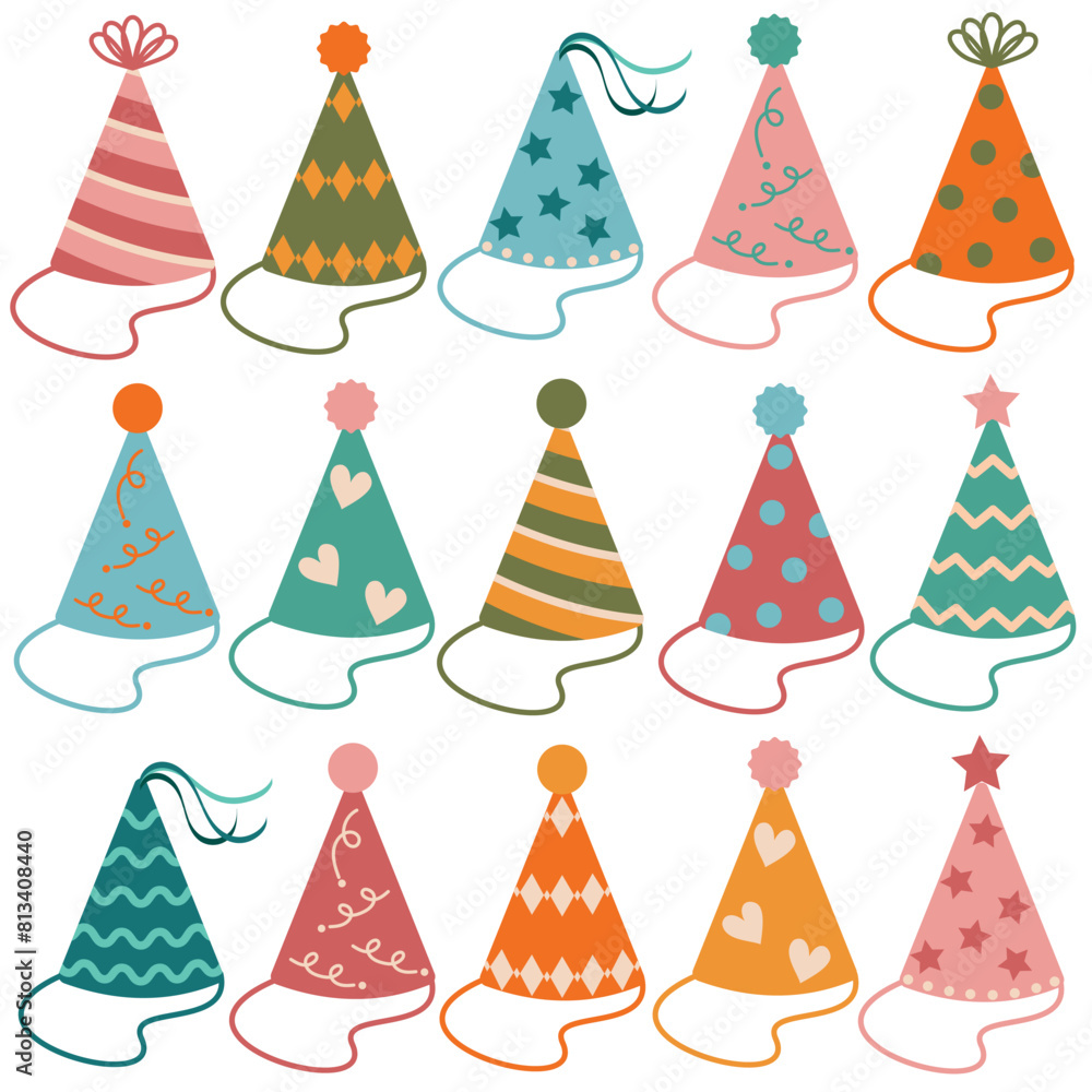 Birthday party hat set Cute doodle colored party hats for greeting card sticker design Flat style Birthday party hat set Cute doodle colored party hats for greeting card sticker design Flat style