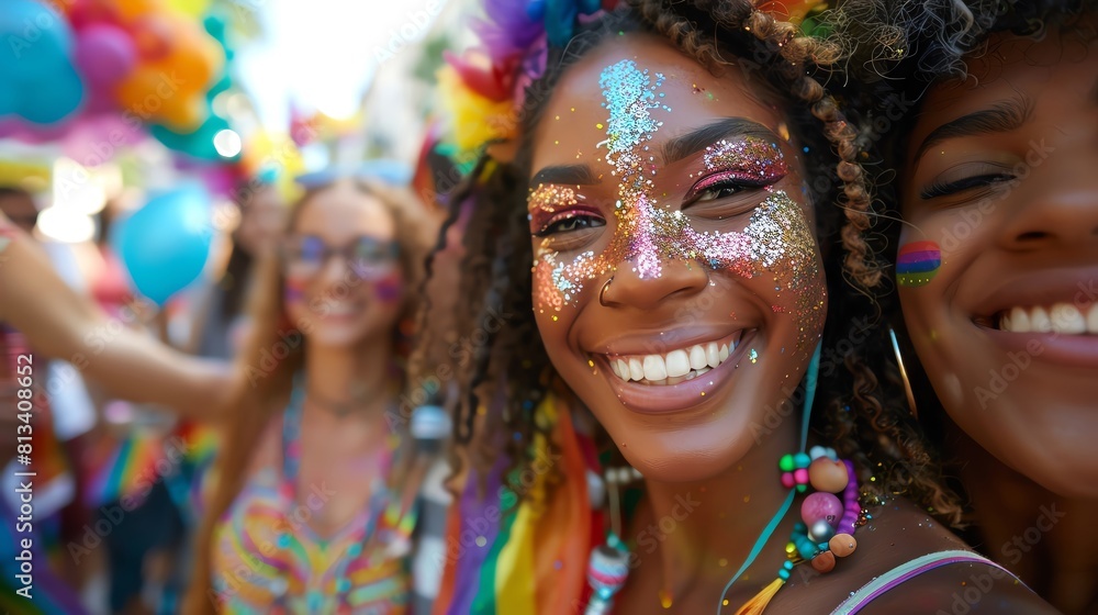 A joyful group selfie of a diverse group of friends at a Pride parade, wearing rainbow face paint and glitter, with the crowd and colorful decorations in the background A joyful group selfie of a diverse group of friends at a Pride parade, wearing rainbow face paint and glitter, with the crowd and colorful decorations in the background