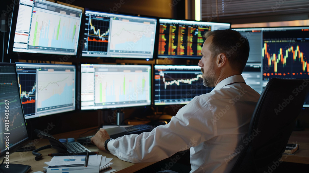 A businessman studying market trends on multiple screens in a sleek office setting. Ai generated A businessman studying market trends on multiple screens in a sleek office setting. Ai generated