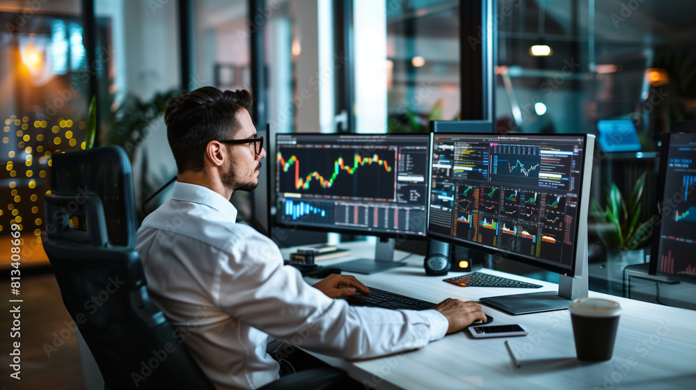 A businessman studying market trends on multiple screens in a sleek office setting. Ai generated A businessman studying market trends on multiple screens in a sleek office setting. Ai generated