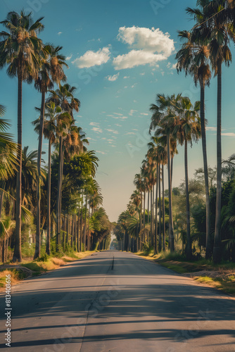 calm road with palm trees at sunset.
