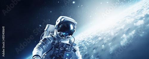Astronaut in Space Suit Standing in Front of Earth