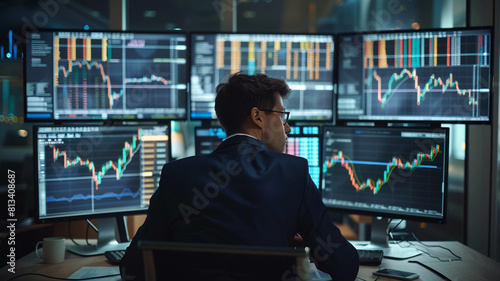 A businessman studying market trends on multiple screens in a sleek office setting. Ai generated