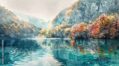 A watercolor painting depicting a scenic lake nestled amidst towering mountains. The vivid colors and intricate details bring the majestic landscape to life.