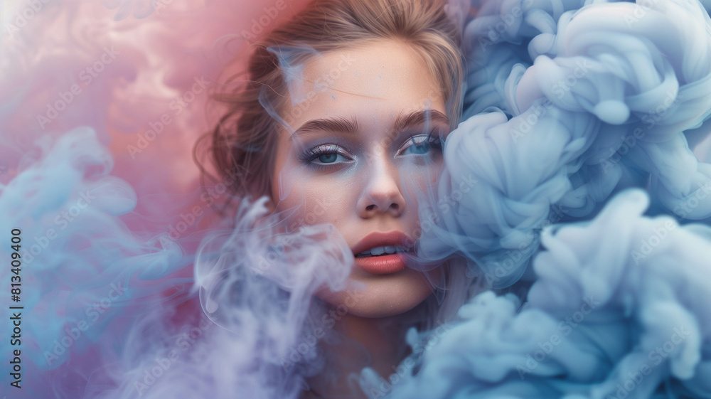 A high-fashion editorial showcasing a top model amidst a dreamy haze of purple-pink smoke against a serene pastel blue background. Ai generated A high-fashion editorial showcasing a top model amidst a dreamy haze of purple-pink smoke against a serene pastel blue background. Ai generated