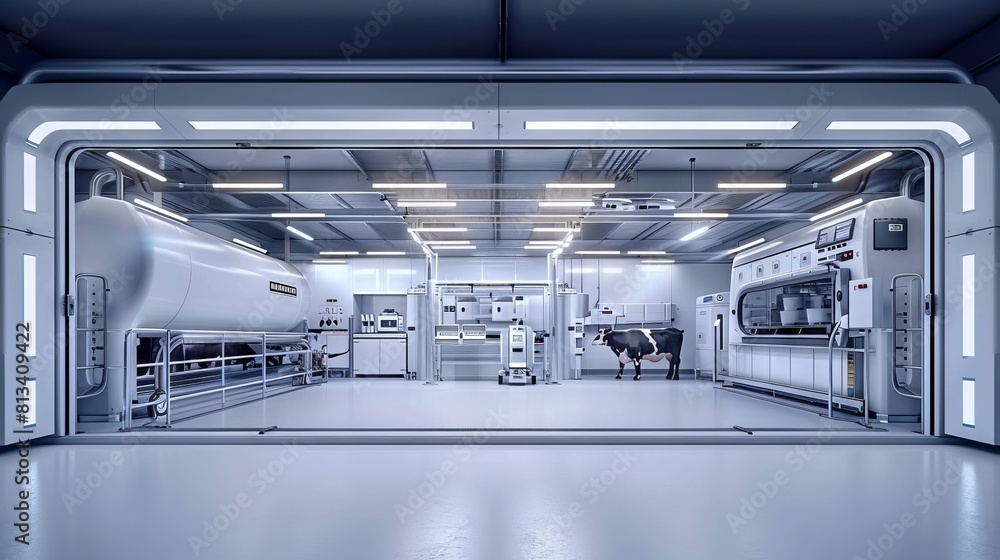 A large white room with a cow in the middle A large white room with a cow in the middle
