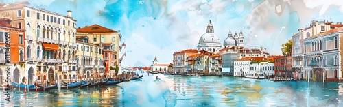A detailed watercolor painting showcasing the iconic canals of Venice, Italy. The artwork captures the essence of the historic city with its gondolas, ancient buildings, and arched bridges reflected i