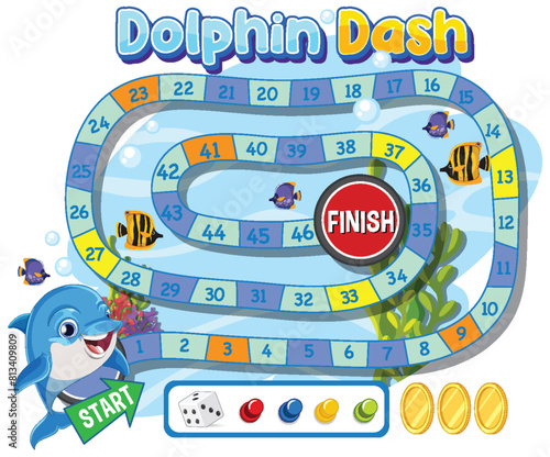Colorful board game layout with cheerful dolphin