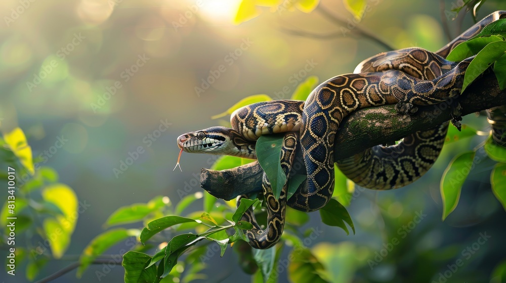 An Indian Python is coiled around a tree branch, showcasing its natural ...