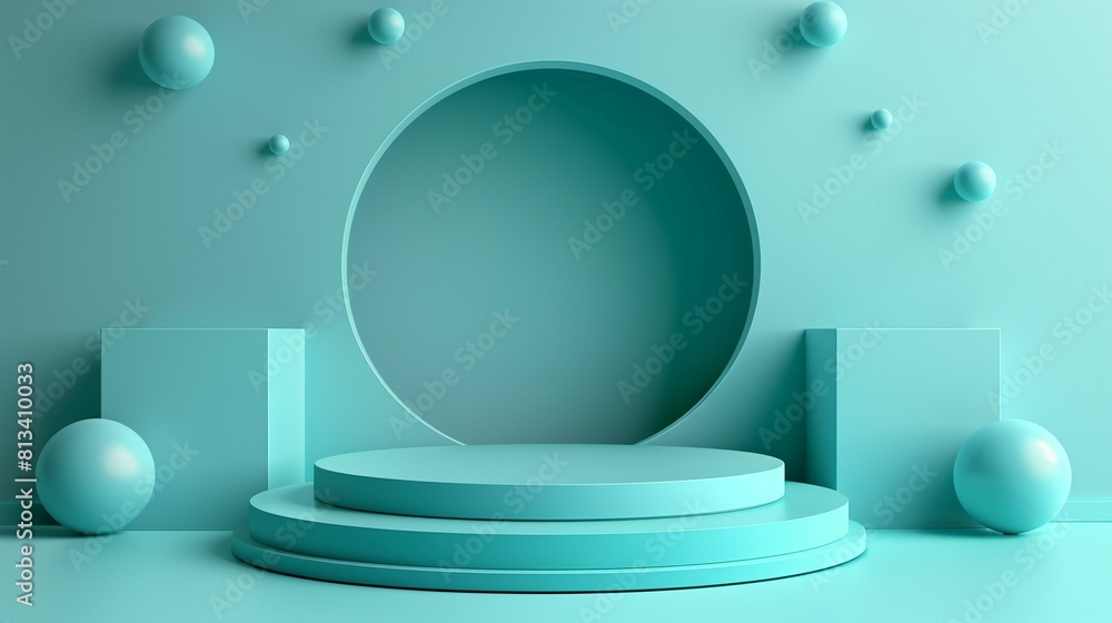 turquoise podium balls geometric shapes on turquoise background turquoise podium balls geometric shapes on turquoise background