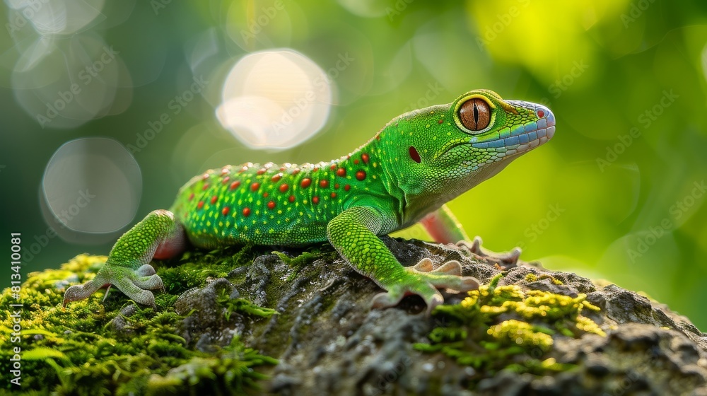 Fototapeta premium A green lizard is perched on a tree branch. The lizards vibrant color stands out against the bark, showcasing its reptilian features.