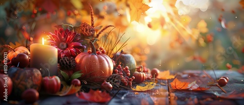 Still life of pumpkins, gourds, corn, wheat, fall leaves lit candle on wooden table glowing warm light in background concept of thanksgiving day photo