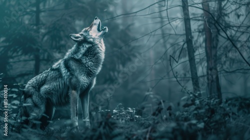 A grey wolf is standing in the middle of a dense forest. The wolf is alert  looking around the surroundings. The trees and foliage create a natural backdrop for the wolfs presence.