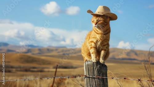 A playful tabby cat wearing a weathered cowboy hat, seated on a wooden fence in a sun-drenched farmyard. Ai generated photo