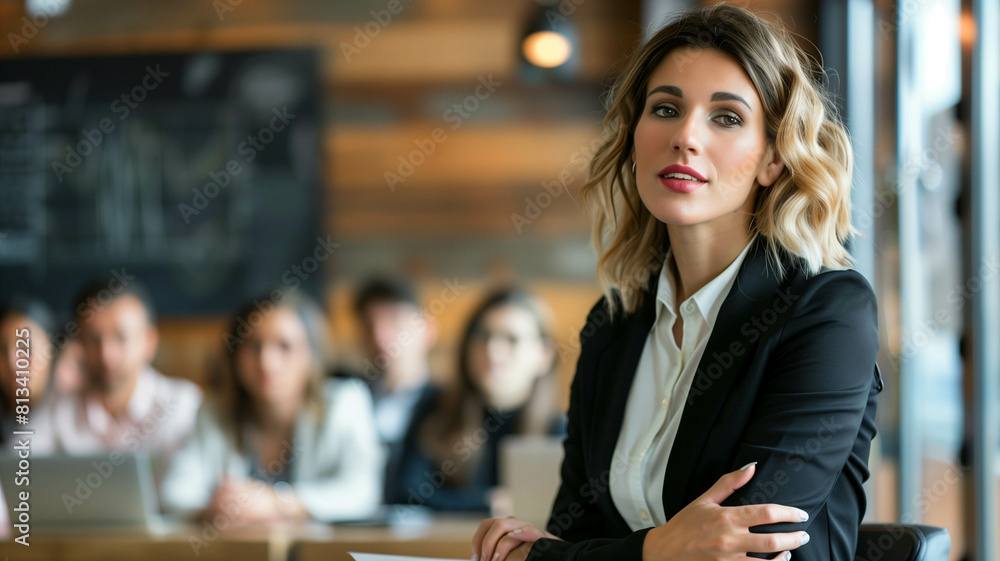 A woman in a stylish suit confidently presenting a financial report to a group of investors. Ai generated A woman in a stylish suit confidently presenting a financial report to a group of investors. Ai generated