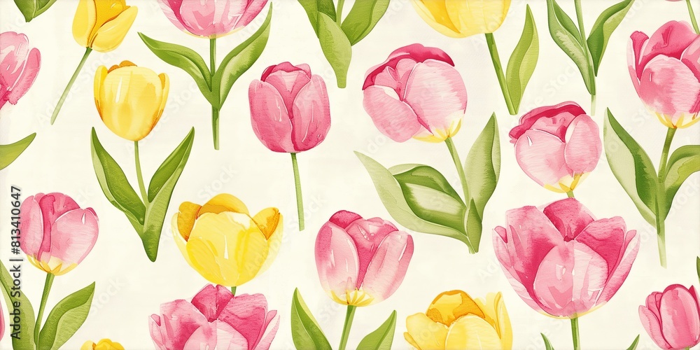 Tulips in various shades of pink and yellow, arranged against a soft, light background seamless pattern