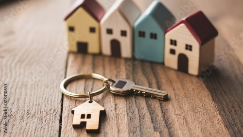 Colorful Miniature Wooden Houses with Key Ring on Rustic Wooden Surface