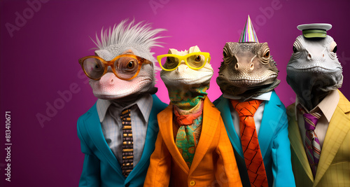 Fototapeta Naklejka Na Ścianę i Meble -  Creative animal concept. Group of lizard reptile in funky Wacky wild mismatch colourful outfits isolated on bright background advertisement, copy space. birthday party invite invitation banner	
