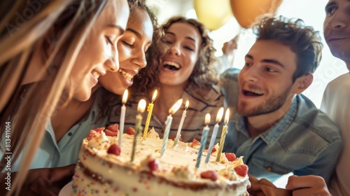 A group of people gathered around a birthday cake  smiling and celebrating. The cake is lit with candles  and some individuals are holding party hats and balloons.