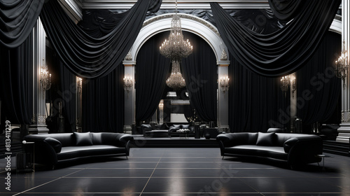 AI generated illustration of a luxurious living room with elegant curtains and black sofas