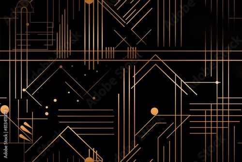 Gold lines and geometric shapes on a black background seamless pattern