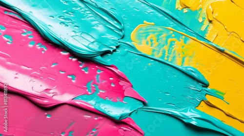 This close-up shot showcases a paintbrush loaded with multiple vibrant colors, creating a dynamic and colorful image. The brush bristles are visible, and each color stands out vividly against the othe photo
